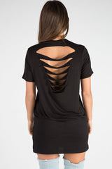 Black Distressed Back Detail Graphic T Shirt Dress - Emma-Dresses