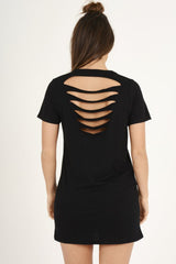 Black Distressed Back Graphic Print T Shirt Dress - Elle-Dresses