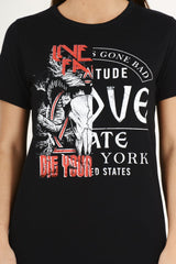 Black Distressed Back Graphic Print T Shirt Dress - Elle-Dresses