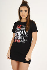 Black Distressed Back Graphic Print T Shirt Dress - Elle-Dresses