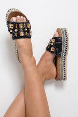 Black Distressed Denim Embellished Platform Sliders - Milee-Sliders