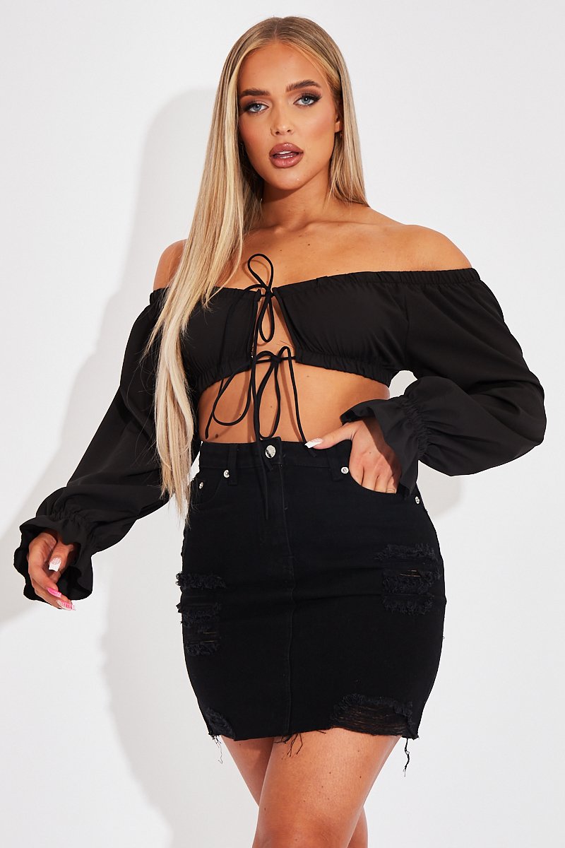 Black Distressed Denim Mini Skirt - Thaliah-Skirts