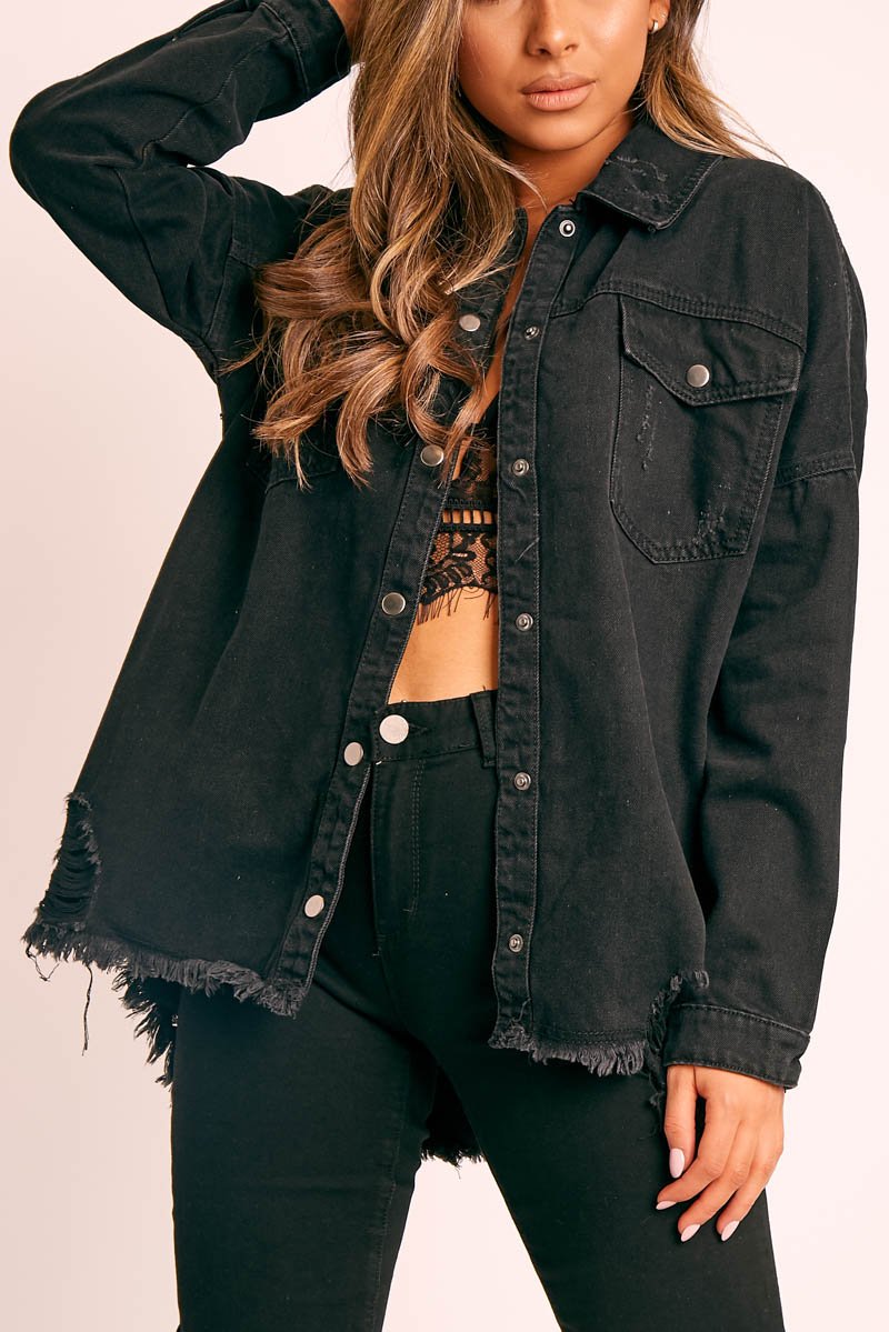Black Distressed Denim Oversized Shirt - Deena-Shirts