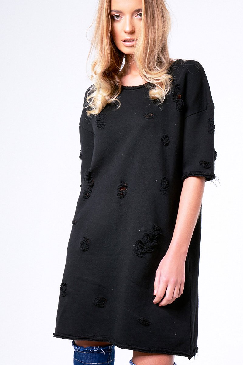 Black Distressed Detail Short Sleeved Jumper Dress - Cammie-Jumper