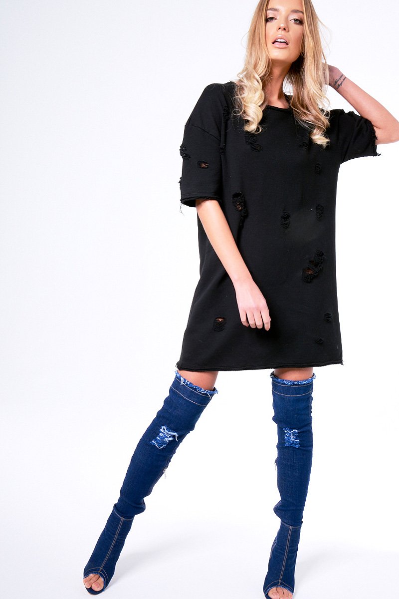 Black Distressed Detail Short Sleeved Jumper Dress - Cammie-Jumper