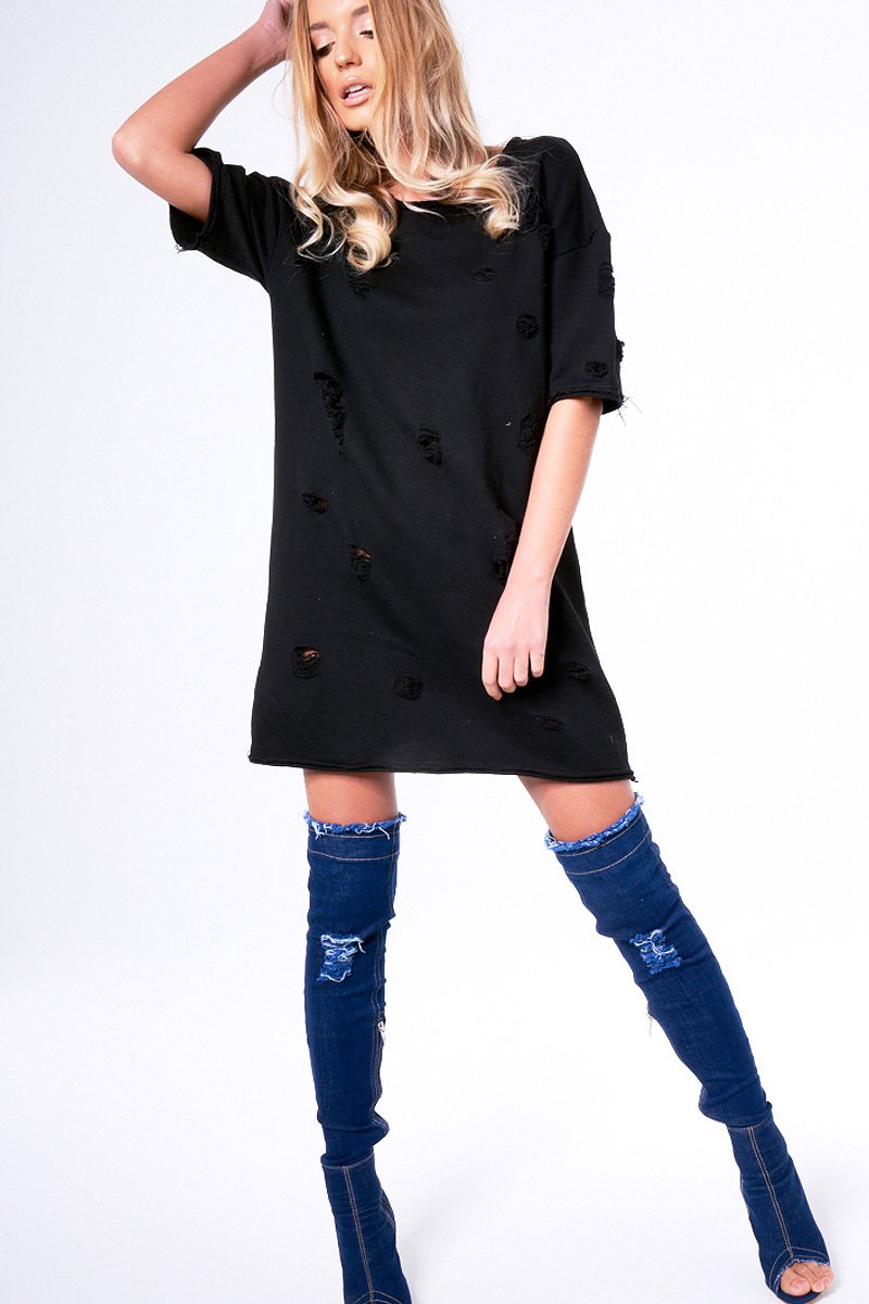 Black Distressed Detail Short Sleeved Jumper Dress - Cammie-Jumper