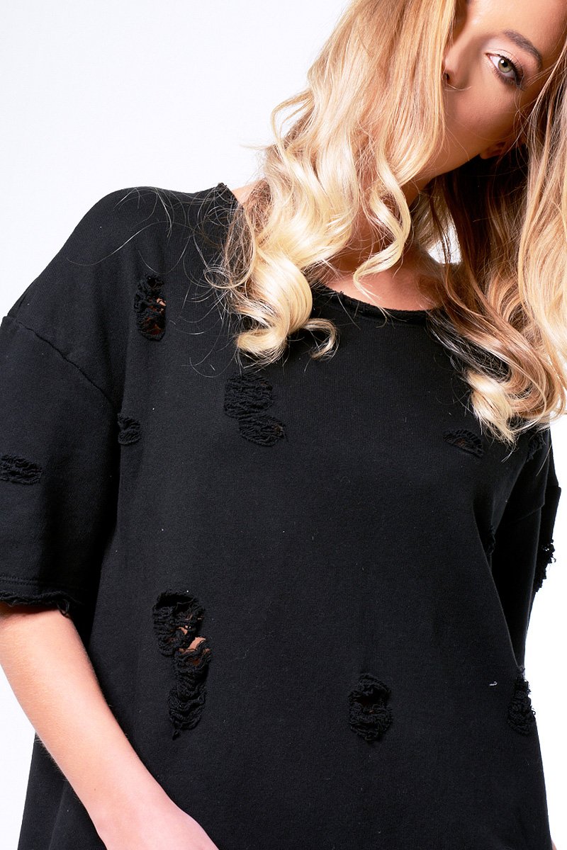 Black Distressed Detail Short Sleeved Jumper Dress - Cammie-Jumper
