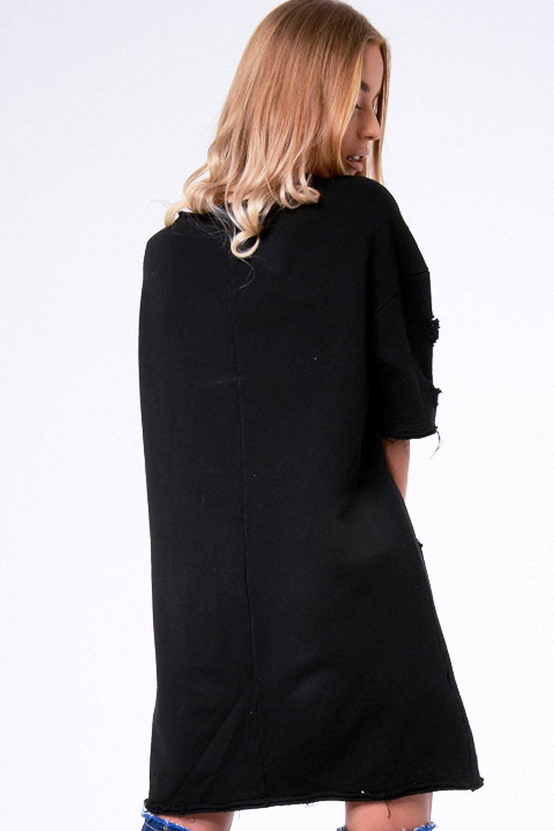 Black Distressed Detail Short Sleeved Jumper Dress - Cammie-Jumper