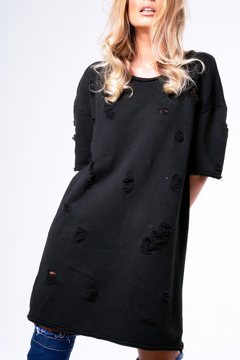 Black Distressed Detail Short Sleeved Jumper Dress - Cammie-Jumper