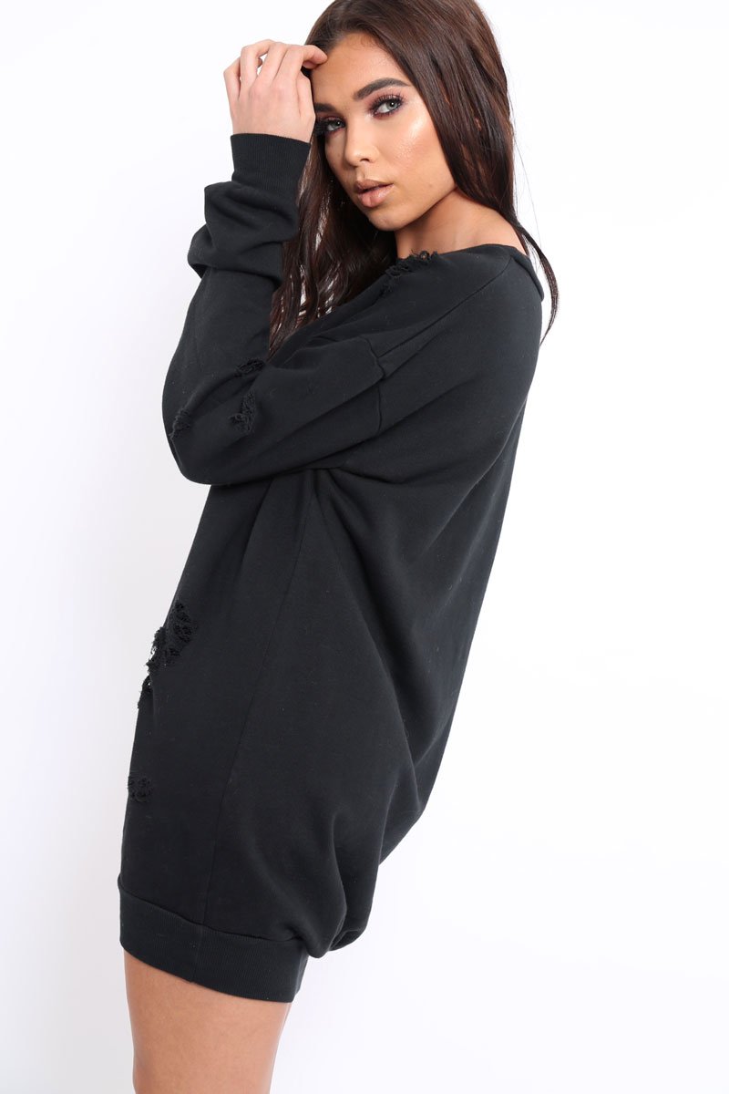 Black Distressed Detail Sweatshirt Jumper Dress - Ivy-Jumper