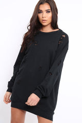 Black Distressed Detail Sweatshirt Jumper Dress - Ivy-Jumper