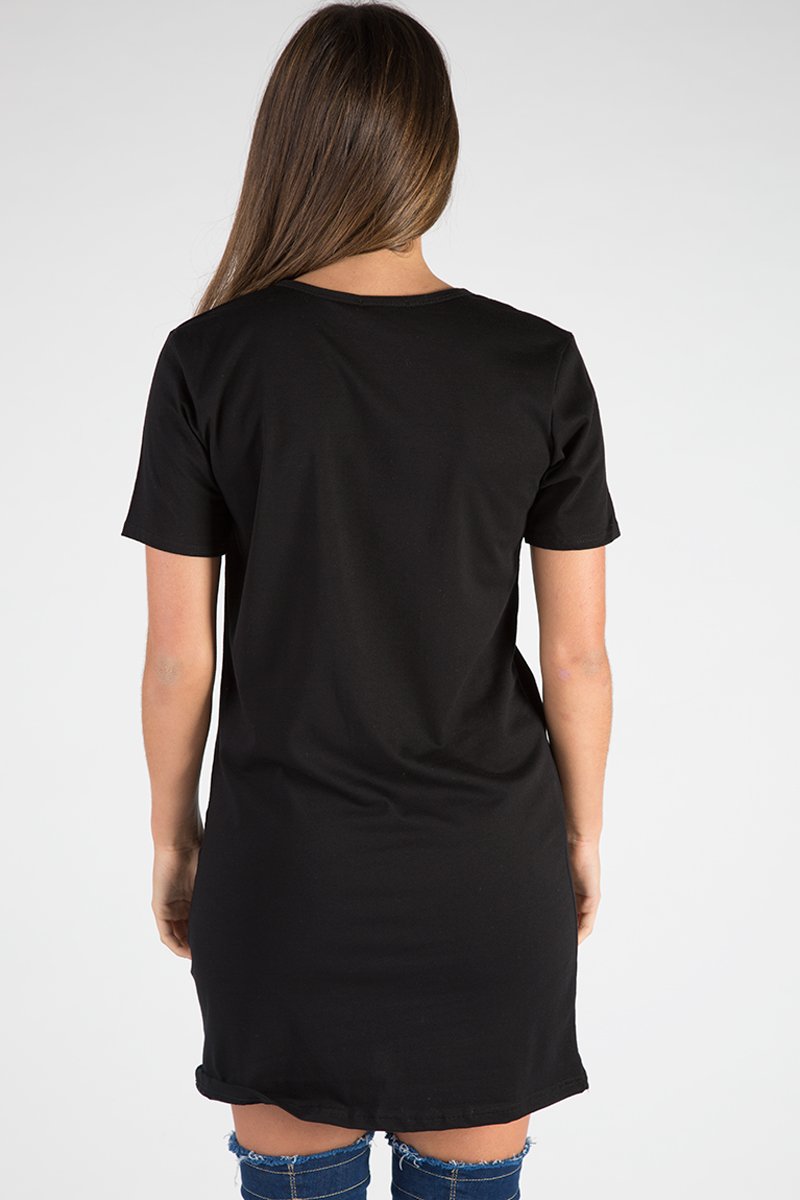 Black Distressed Detail Vintage Design T Shirt Dress - Maisie-Dresses