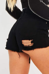 Black Distressed Hemline Denim Shorts - Charlotte-Shorts