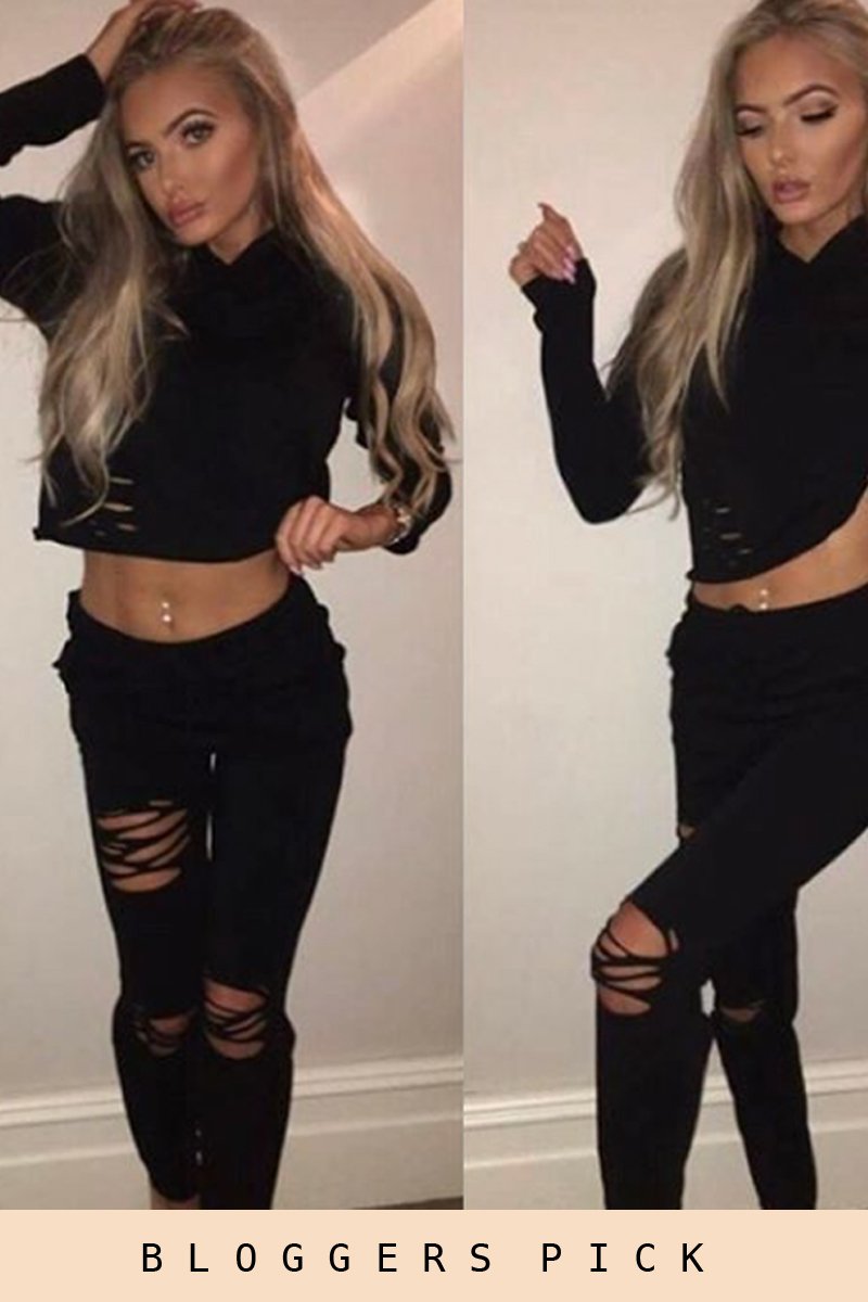 Black Distressed Hoodie Tracksuit - Mollie-Tracksuits