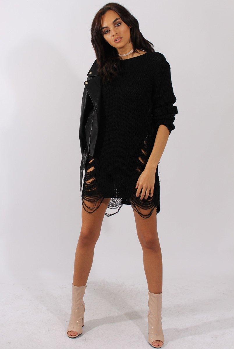 Black Distressed Jumper Dress - Kim Rebellious Fashion Black Distressed Jumper Dress - Kim Rebellious Fashion