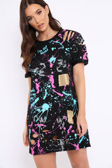 Black Distressed Paint Splatter T-Shirt Dress - Masa-Dresses