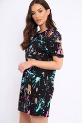 Black Distressed Paint Splatter T-Shirt Dress - Masa-Dresses