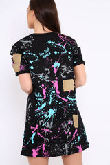 Black Distressed Paint Splatter T-Shirt Dress - Masa-Dresses