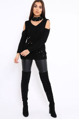 Black Distressed Pearl Chunky Knit Jumper - Narla-Jumper