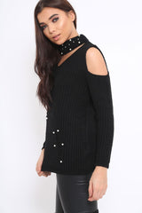Black Distressed Pearl Chunky Knit Jumper - Narla-Jumper
