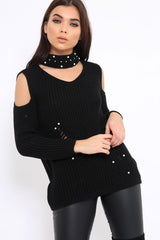 Black Distressed Pearl Chunky Knit Jumper - Narla-Jumper