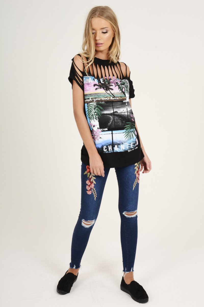 Black Distressed 'Take Chance' Print T-Shirt - Sonny-T-shirt