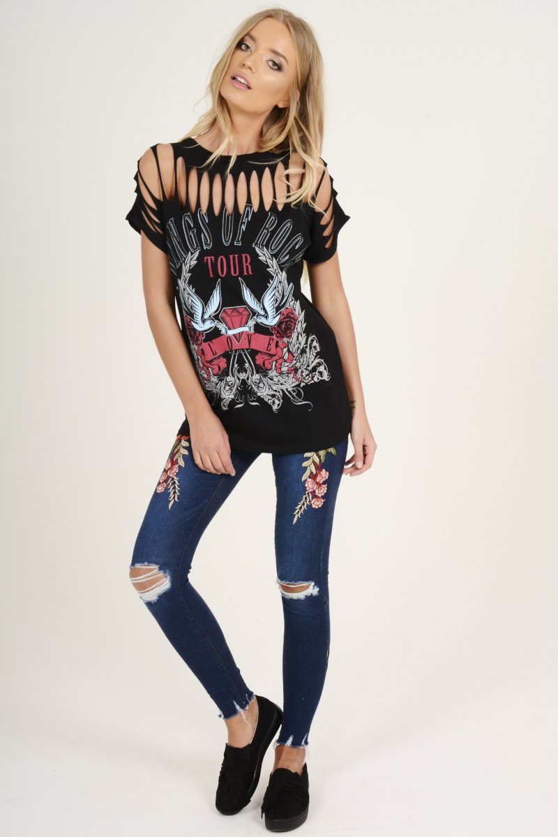 Black Distressed 'Wings Of Rock Tour' Print T-Shirt - Mischa-T-shirt