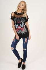 Black Distressed 'Wings Of Rock Tour' Print T-Shirt - Mischa-T-shirt