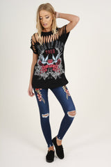 Black Distressed 'Wings Of Rock Tour' Print T-Shirt - Mischa-T-shirt