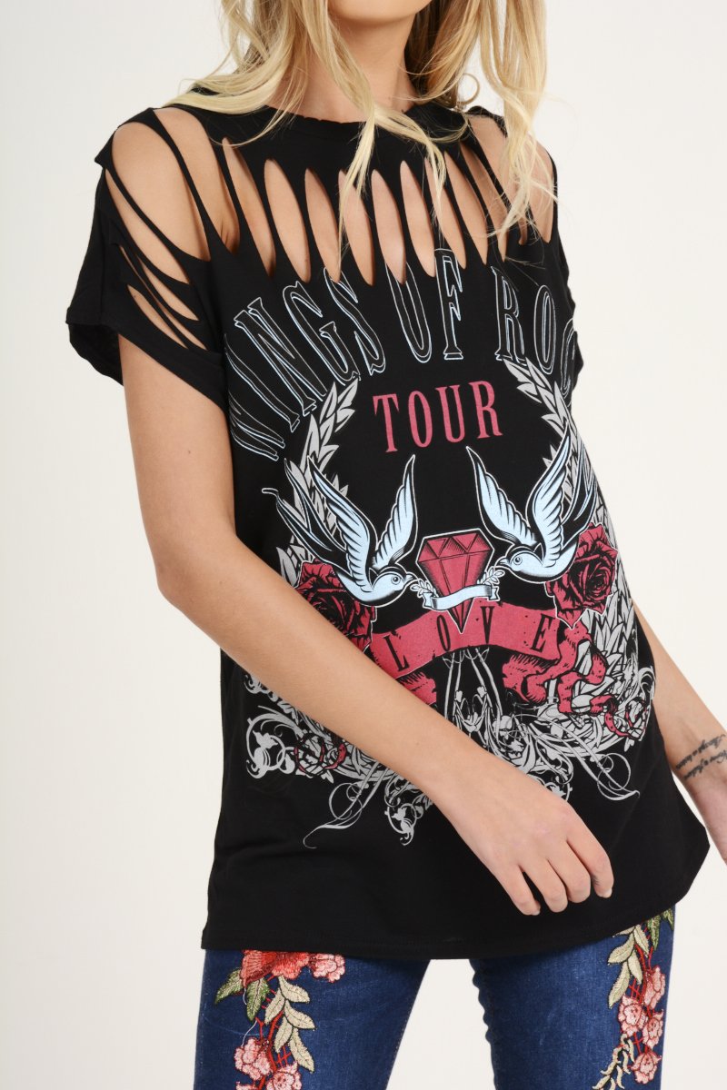 Black Distressed 'Wings Of Rock Tour' Print T-Shirt - Mischa-T-shirt