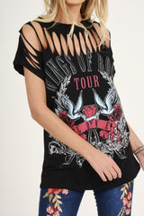 Black Distressed 'Wings Of Rock Tour' Print T-Shirt - Mischa-T-shirt