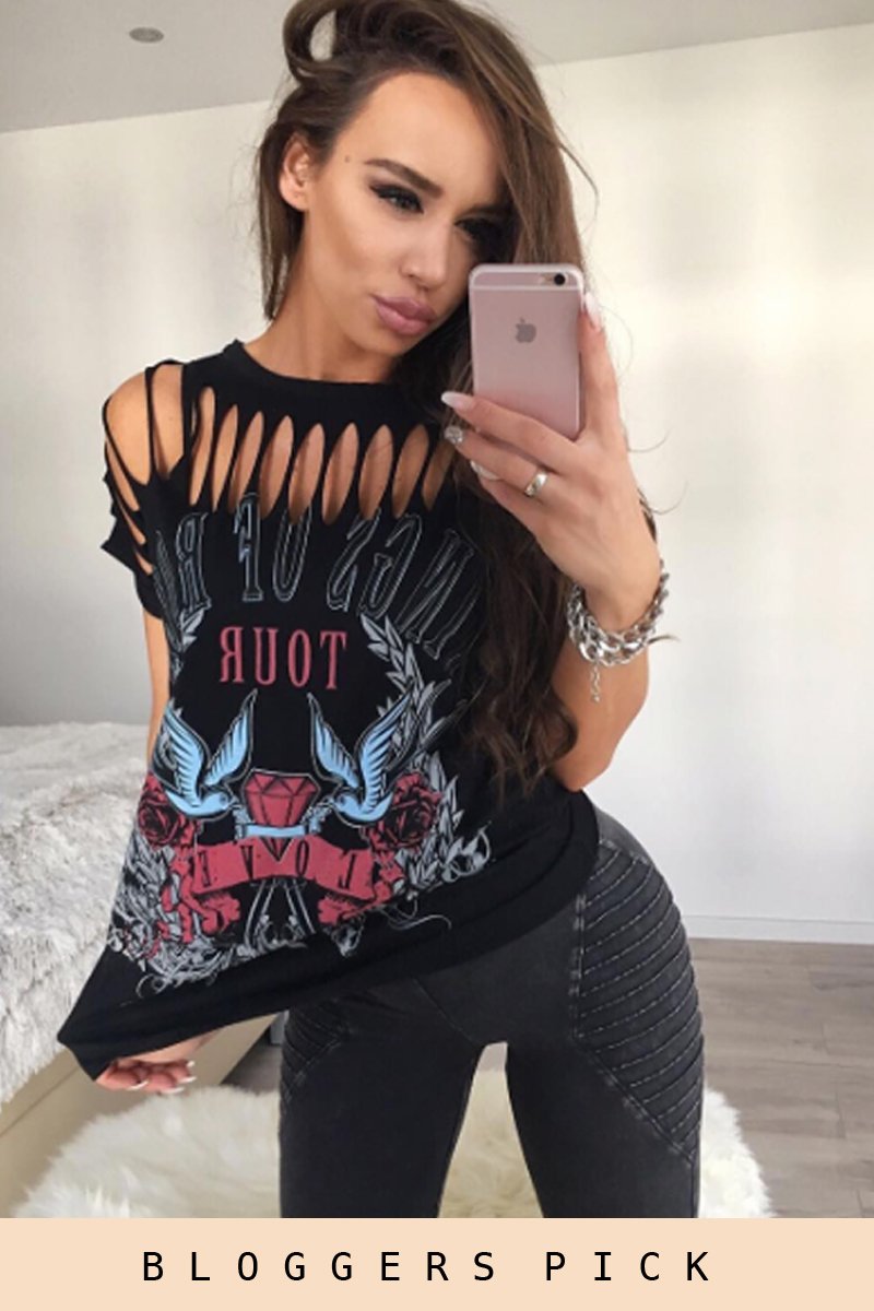 Black Distressed 'Wings Of Rock Tour' Print T-Shirt - Mischa-T-shirt