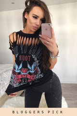 Black Distressed 'Wings Of Rock Tour' Print T-Shirt - Mischa-T-shirt