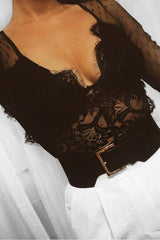 Black Dobby Mesh Low Cut Bodysuit - Tamara-Bodysuits