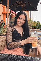 Black Dobby Mesh Low Cut Bodysuit - Tamara-Bodysuits