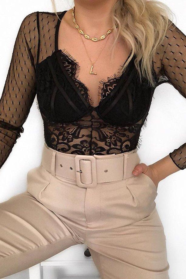 Black Dobby Mesh Low Cut Bodysuit - Tamara-Bodysuits