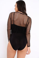 Black Dobby Mesh Wrap Front Bodysuit - Rachael-Bodysuits