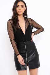 Black Dobby Mesh Wrap Front Bodysuit - Rachael-Bodysuits
