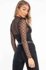 Black Dot Mesh High Neck Long Sleeve Top - Shine-Tops