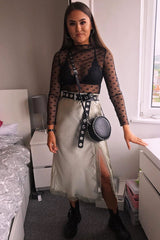 Black Dot Mesh High Neck Long Sleeve Top - Shine-Tops