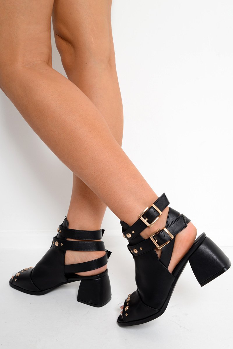 Black Double Buckle Gold Stud Block Heel Boots - Bridie-Boots
