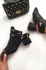 Black Double Buckle Gold Stud Block Heel Boots - Bridie-Boots