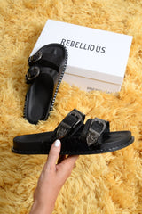 Black Double Buckle Western Sandals - Jenifer-Sliders