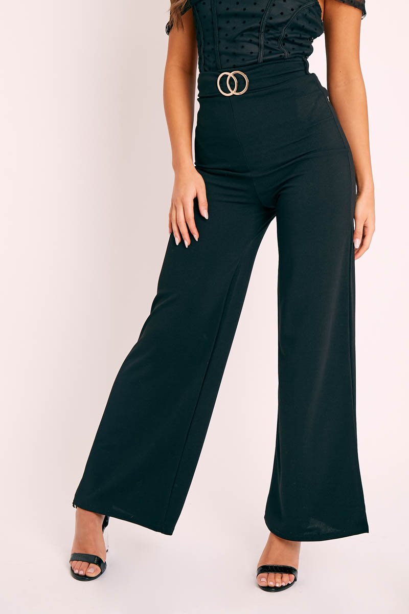 Black Double Circle Buckle Belted Wide Leg Trousers - Darbi-Trousers