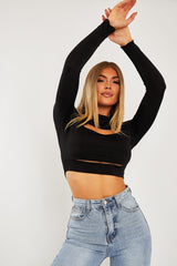 Black Double Cut Out High Neck Slinky Crop Top - Joana-Crop Tops