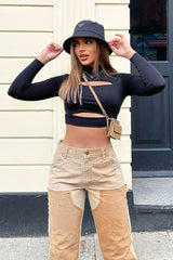 Black Double Cut Out High Neck Slinky Crop Top - Joana-Crop Tops