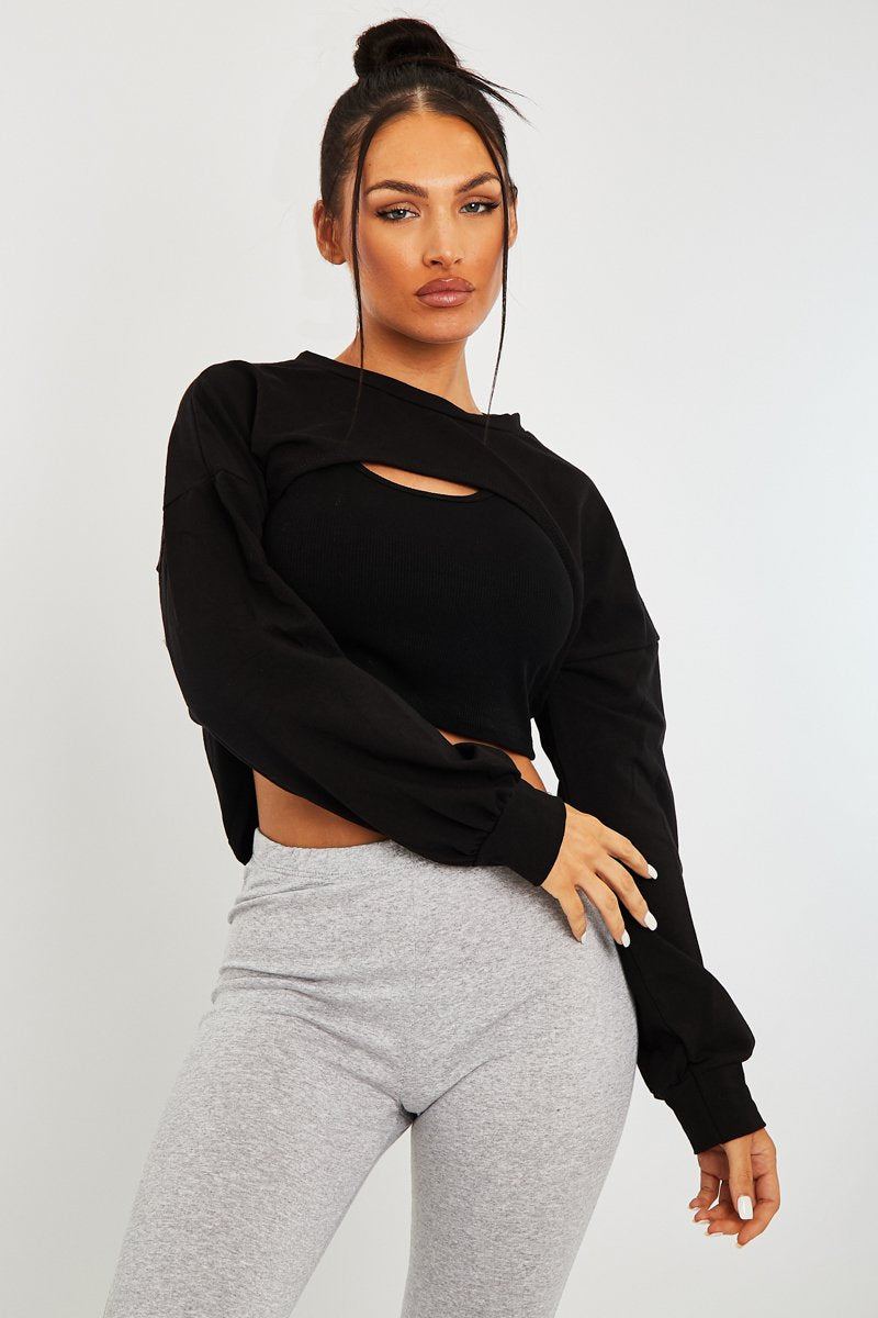 Black Double Layer Crop Sweatshirt - Jannie-Crop Tops