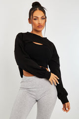 Black Double Layer Crop Sweatshirt - Jannie-Crop Tops