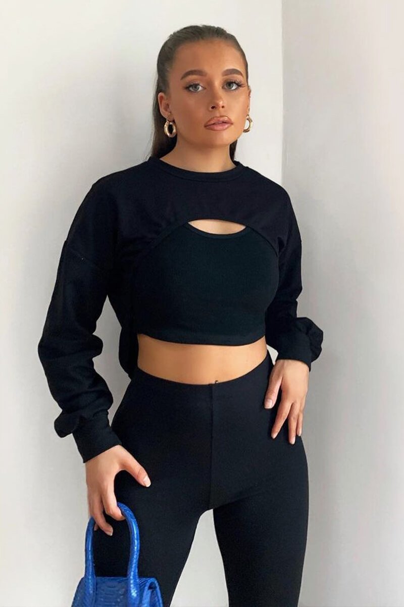Black Double Layer Crop Sweatshirt - Jannie-Crop Tops