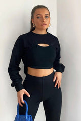 Black Double Layer Crop Sweatshirt - Jannie-Crop Tops